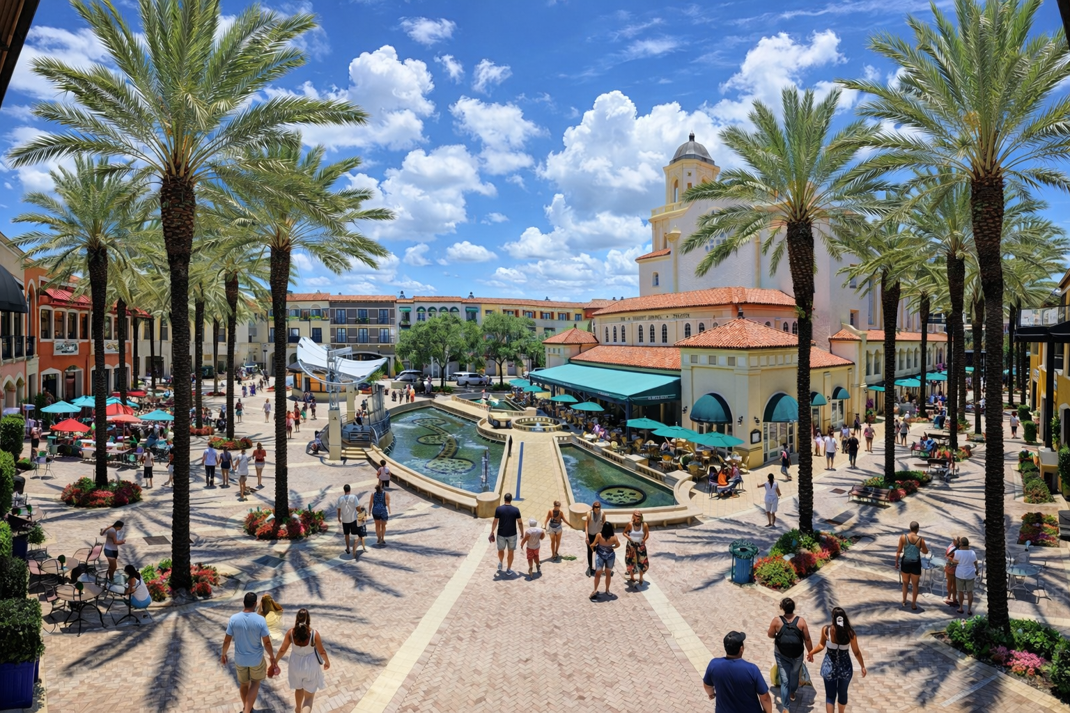West Palm Beach CityPlace district with palm trees and Mediterranean buildings